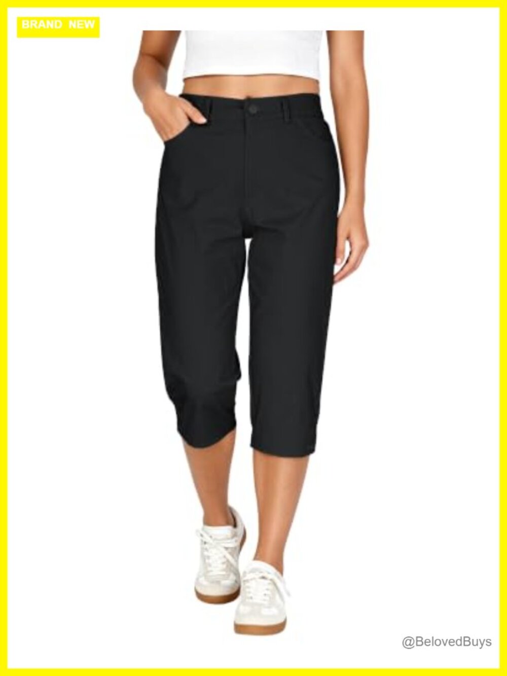 High Waisted Straight Leg Capri Pants Cotton Blend Cropped Trousers